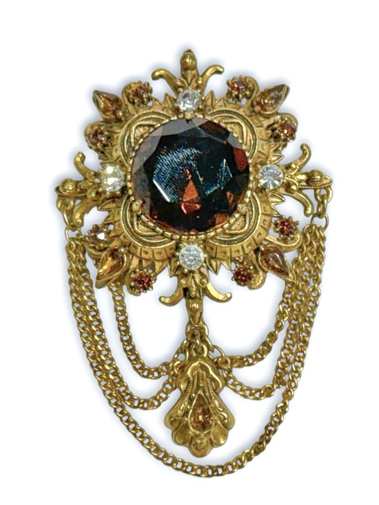 Florenza Jewelry - Vintage Florenza Gold-Tone Brown Crystal Brooch with Chain Drapes